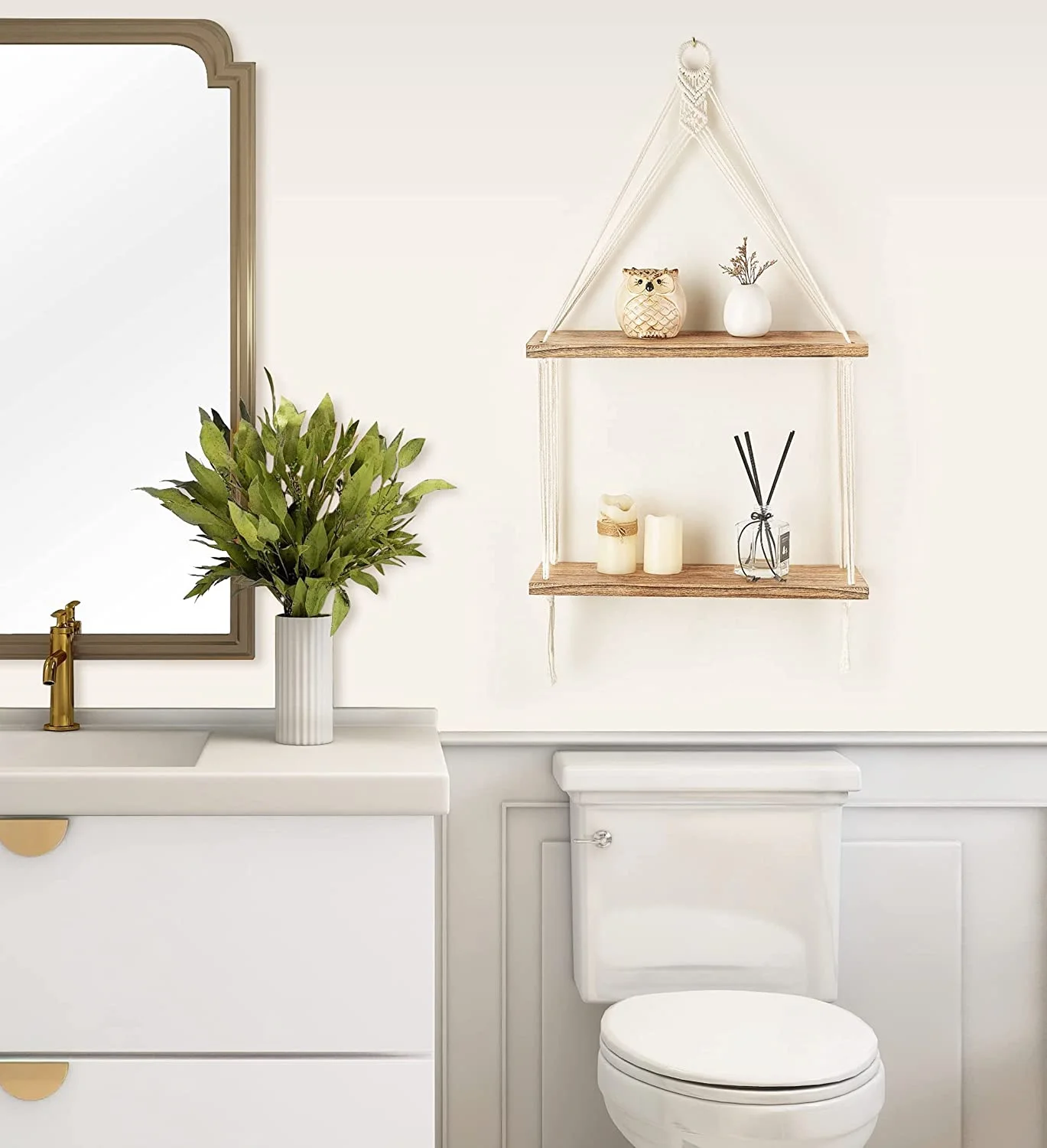 Antique Wood Floating Wall Rack Boho Style 2-Layered Braided Rope Modern Home Decor Model Shelf Pattern Love Theme Box Included