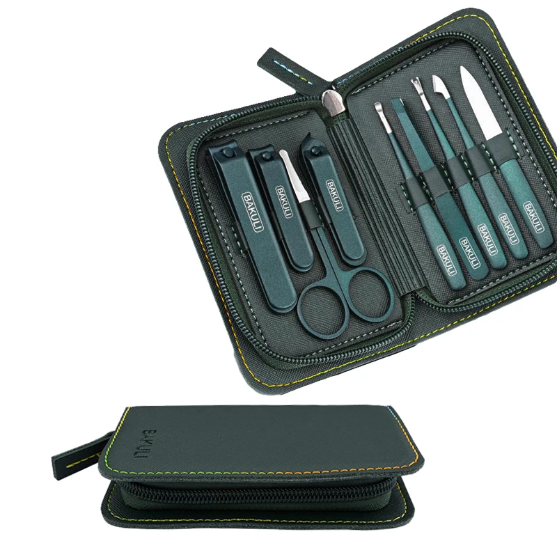 Nail Cutter Manicure Set 9 PCS Trimming Care Kit Label High Quality Stainless Steel Bevel Nail Clipper Tools With Leather Case