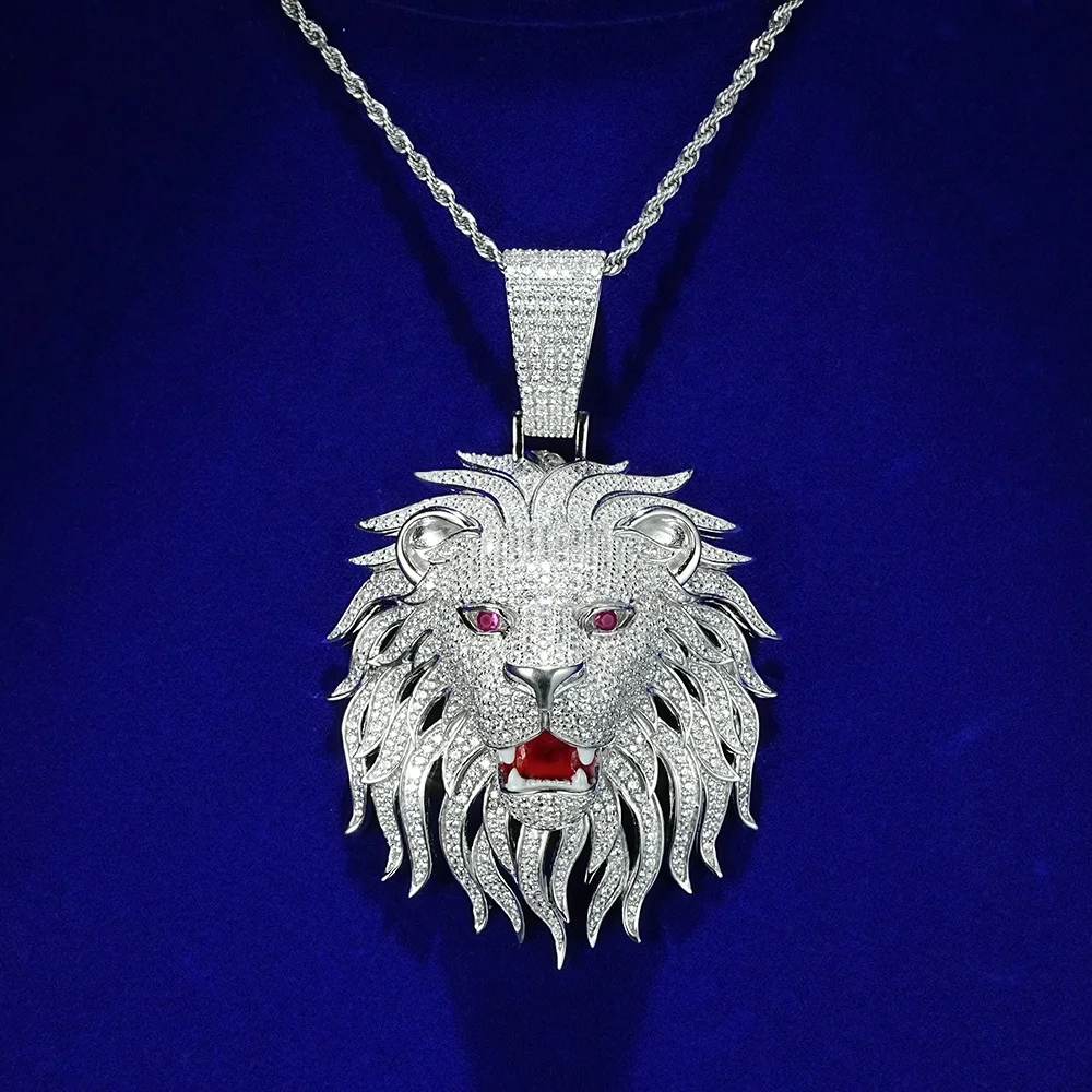 Large 60MM Real Sterling Silver Red Enamel Eye 3D Regal Gold Lion Head Pendants