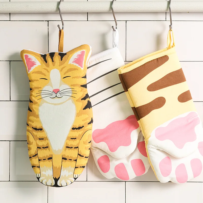 Cartoon Animal Cat Paws Oven Mitts Long Cotton Baking Insulation  Mitts Microwave Heat Resistant Non-Slip Kitchen Mitts