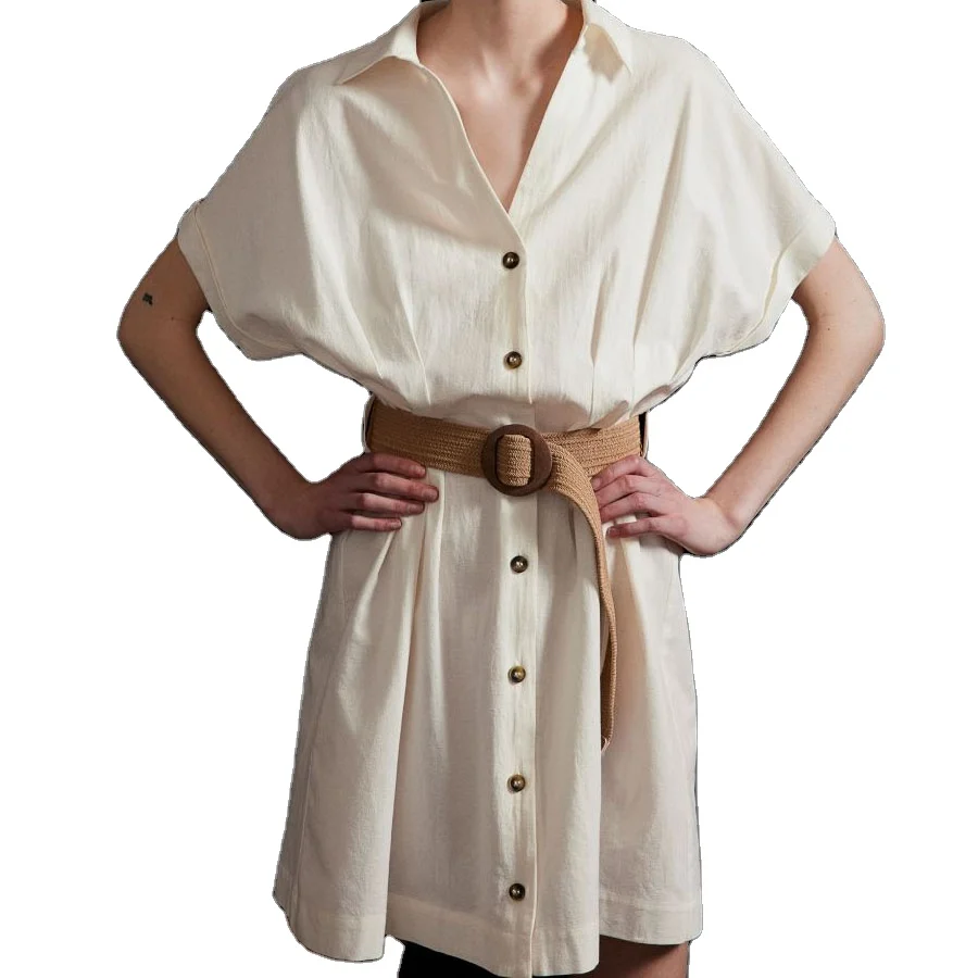 Short loose-fit Dress V-shaped opening foldover cuffs braided waist wooden buckle shirt dress