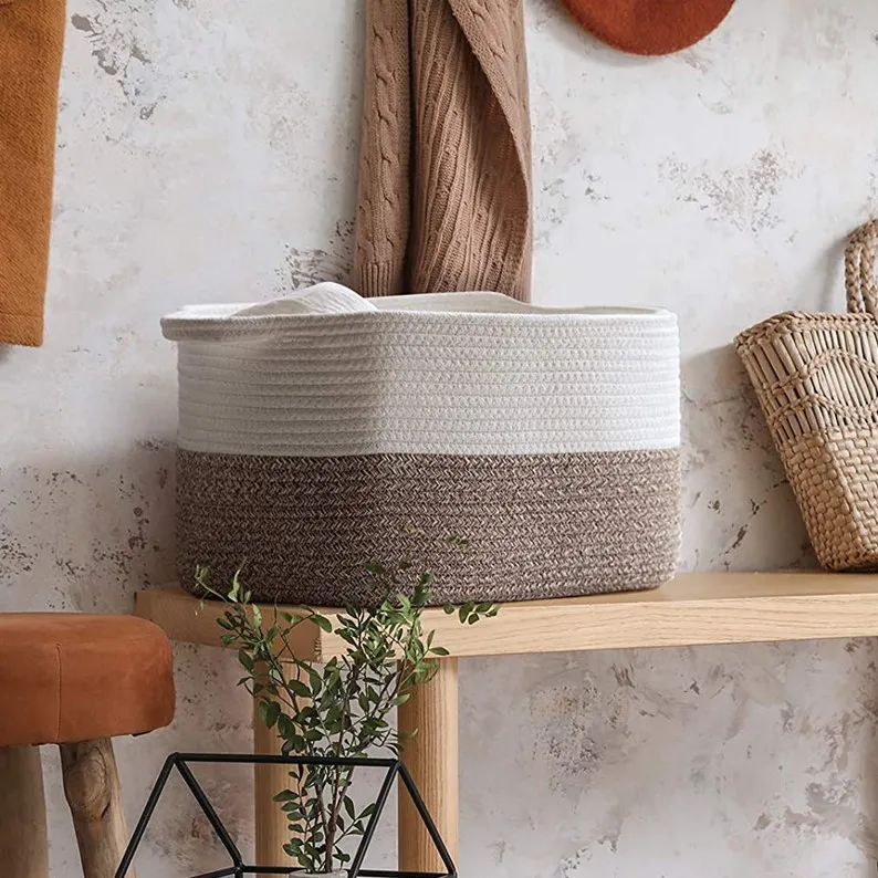 Set of 3 Woven Storage Basket Large Cotton Rope Storage Baskets with Durable Handles Foldable Laundry Hamper Woven Cotton Rope