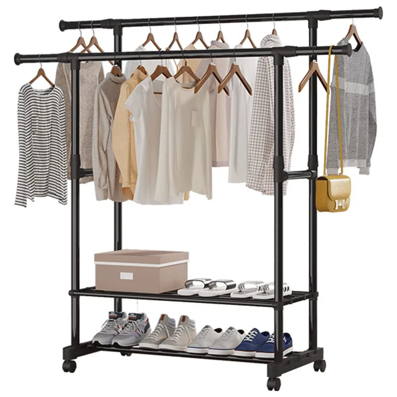 Wholesale Household Multifunction Metal Garment Rack Clothes Storage Hanging Rack Movable Double Rod Space Saving Clothes Rack