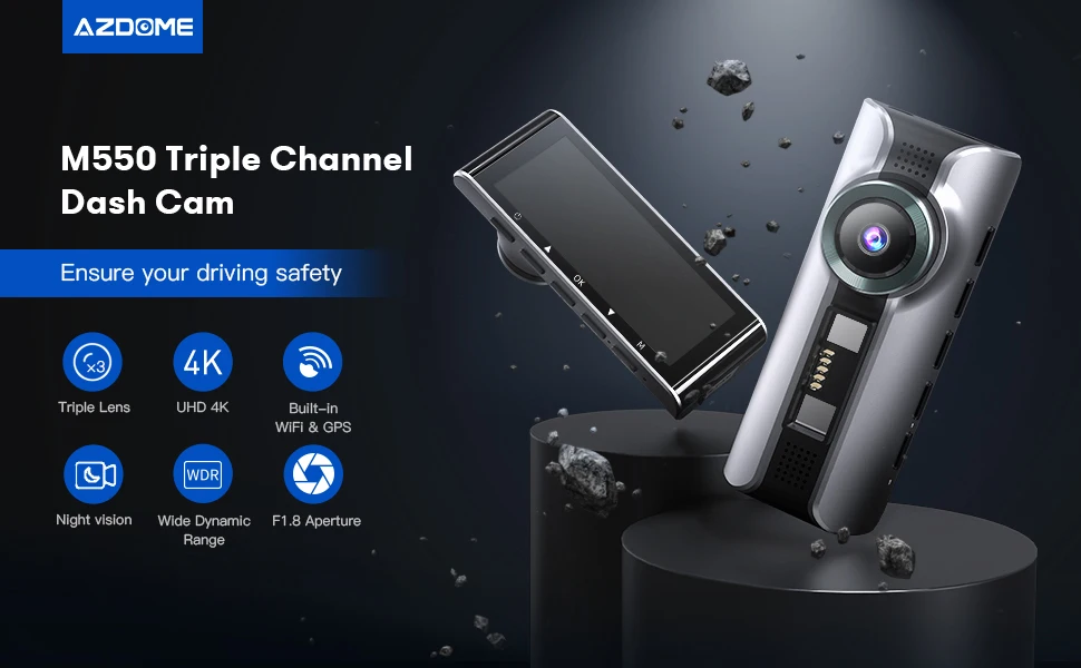 Видеорегистратор AZDOME M550 3 канала передний внутренний задний 1440P + 1080P двойной 4K 19 дюйма IPS WiFi GPS режим
