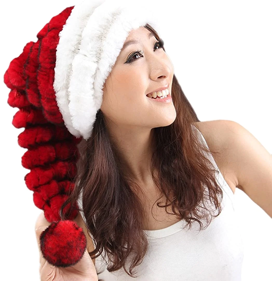 MWFur Fashion Christmas Gift Novelty Fun Santa Hat Winter Warm Pompom Rex Rabbit Fur Christmas Hat for Women Girls Fur Caps