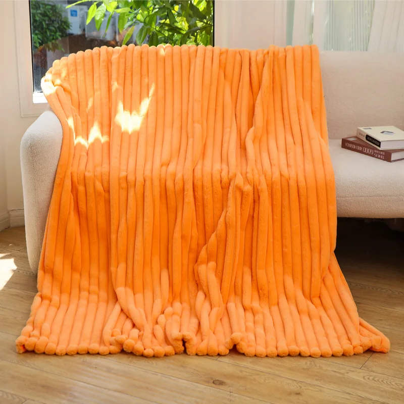 Luxury Jacquard Striped Faux Fur Throw Blankets Cozy Texture Milky Fluffy Plush Blanket for Sofa Couch