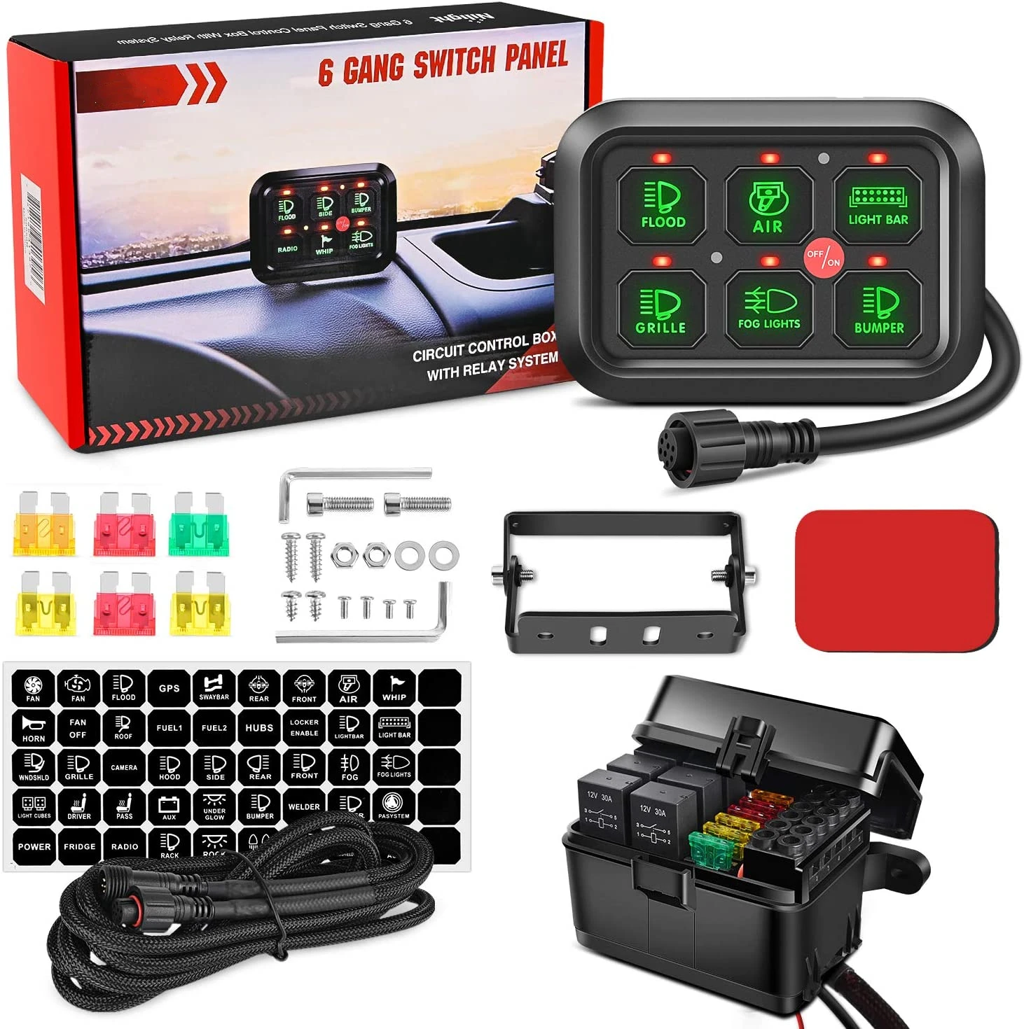 6 Gang Dimmable ON-Off 12V LED Switch Panel with Electronic Relay System for Cars Trucks Boats ATV