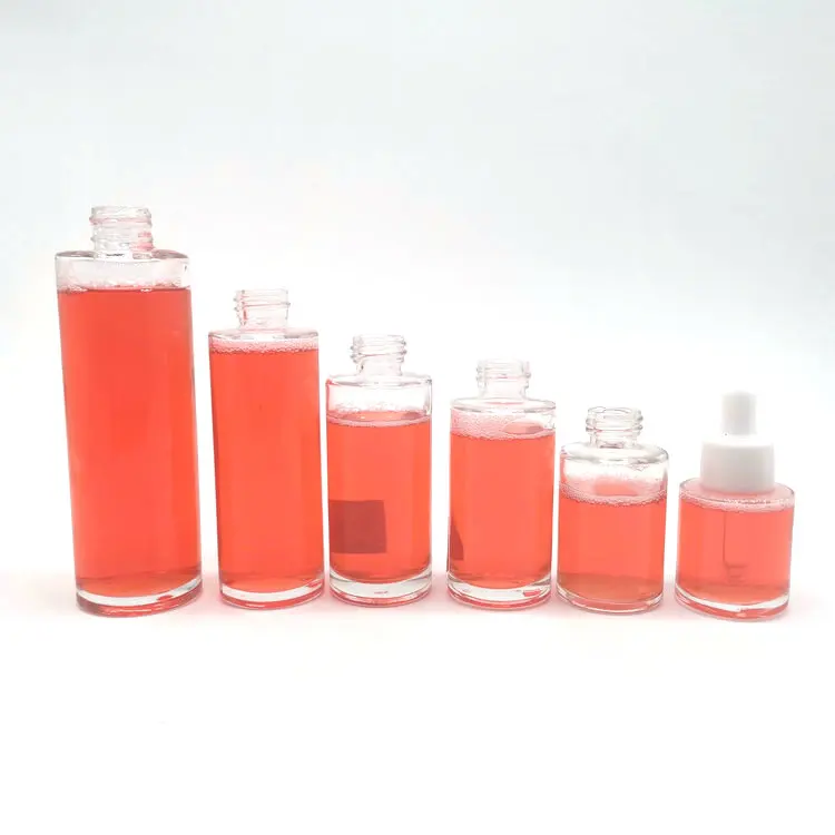 wholesale 20ml 30ml 40ml 50ml 60ml  90ml 100ml round straight glass lotion bottle with pump sprayer glass dropper