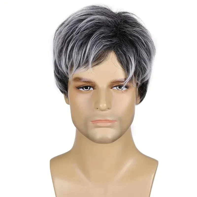 Cheap Price 6 Inch Grey Silvery Short Straight Layered Full Synthetic Wig High Temperature Fiber Male Hair