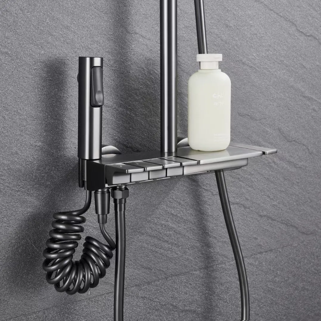 Piano Bathroom Shower Faucet Set Wall Mounted Gun Gray Piano Bath Shower System Solid Brass Bathtub Mixer Tap Rain Shower Head