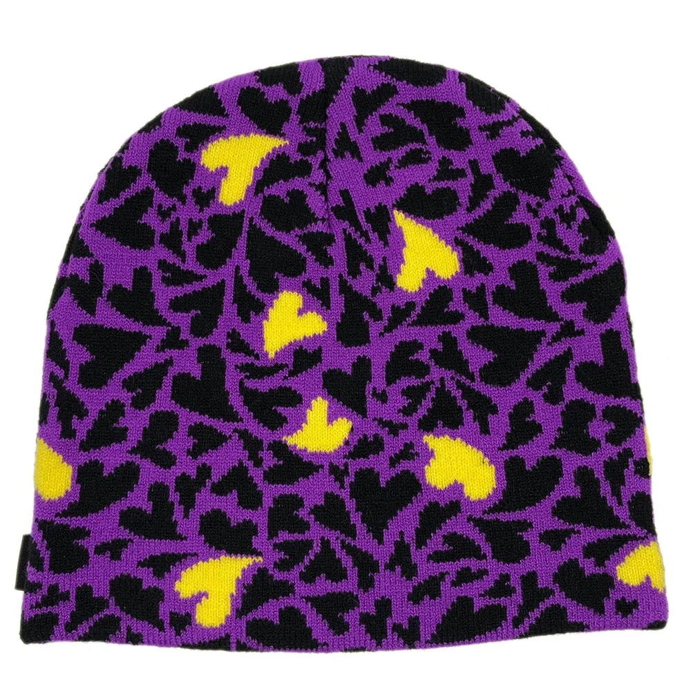 OEM high quality hot sale unisex colorful warm knit unfold dark purple winter hats custom jacquard fashion design violet beanie