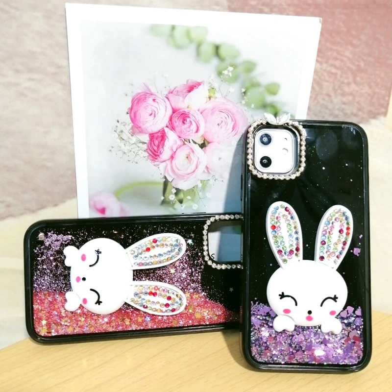 Luxury Diamond case for iphone 13 case High Quality Cute Rabbit Liquid Glitter Sequins PC+TPU Phone Case for iPhone 12 11 XS XR