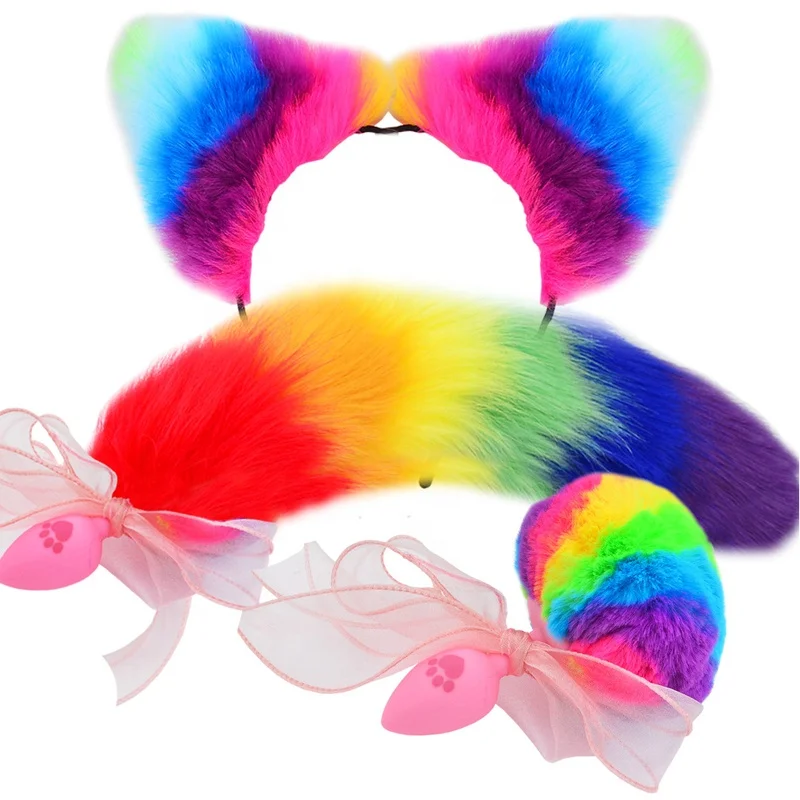 Sex Toys Colorful Silicone Women Cosplay Cat Paw Hair Ball Cat Ears Hair Band Fox Tail Anal Plug Set