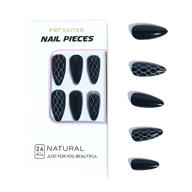 chic almond shape black press on nails women 24 pcs self-adhesive stiletto artificial finger press-on nail false nails with glue