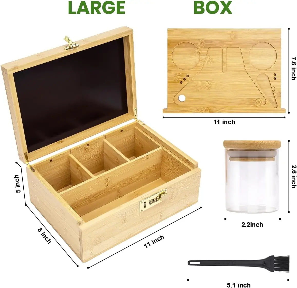 Large Bamboo Box with Combination Lock Decorative Box with Glass Jar & Brush For Home,Wooden Lockable Container with Large Tray