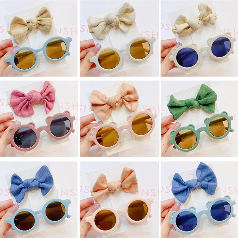 Kids Bow Hairband Glasses Set Solid Color Cute Summer Headband Sunglasses for Baby Girls Hair Accessories Gift 2Pcs