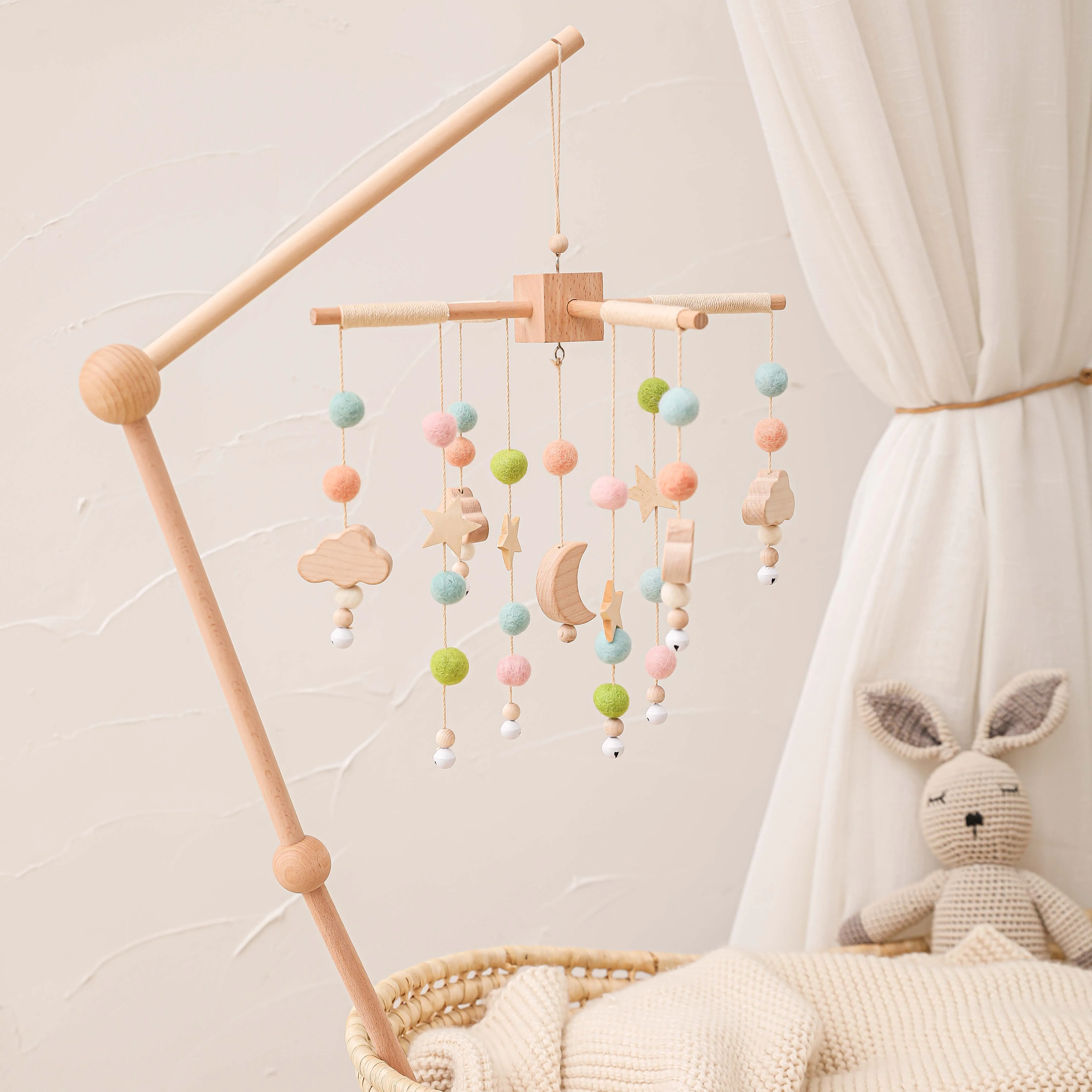 Hot Sale Handmade Plush Baby Bed Bell Custom Felt Baby Sleep Mobile Colorful Plush Music Bed Bell