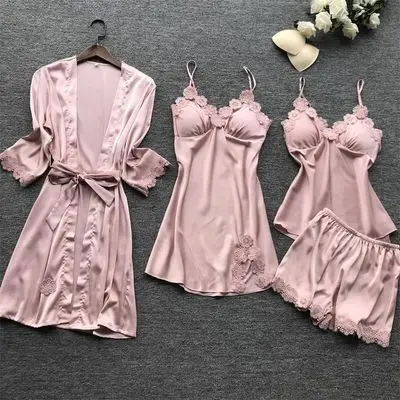 Hot new retail products four pieces sets women summer homewear bridal robe silk