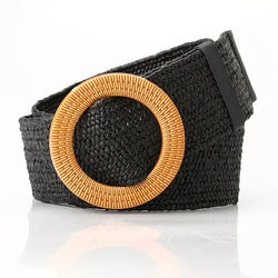 Wholesale round buckle waistband stretch straw woven braided women belt