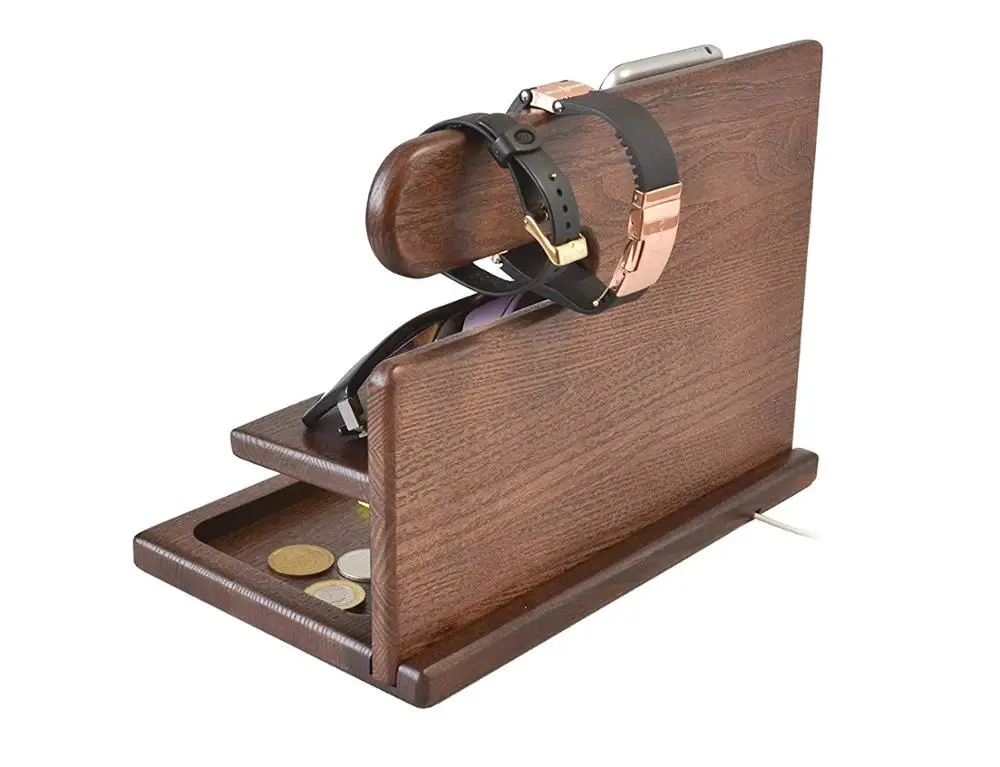 
Wooden Docking Station With Key Holder Wallet Stand Watch Organizer Men Gift Husband Dad Birthday Nightstand 