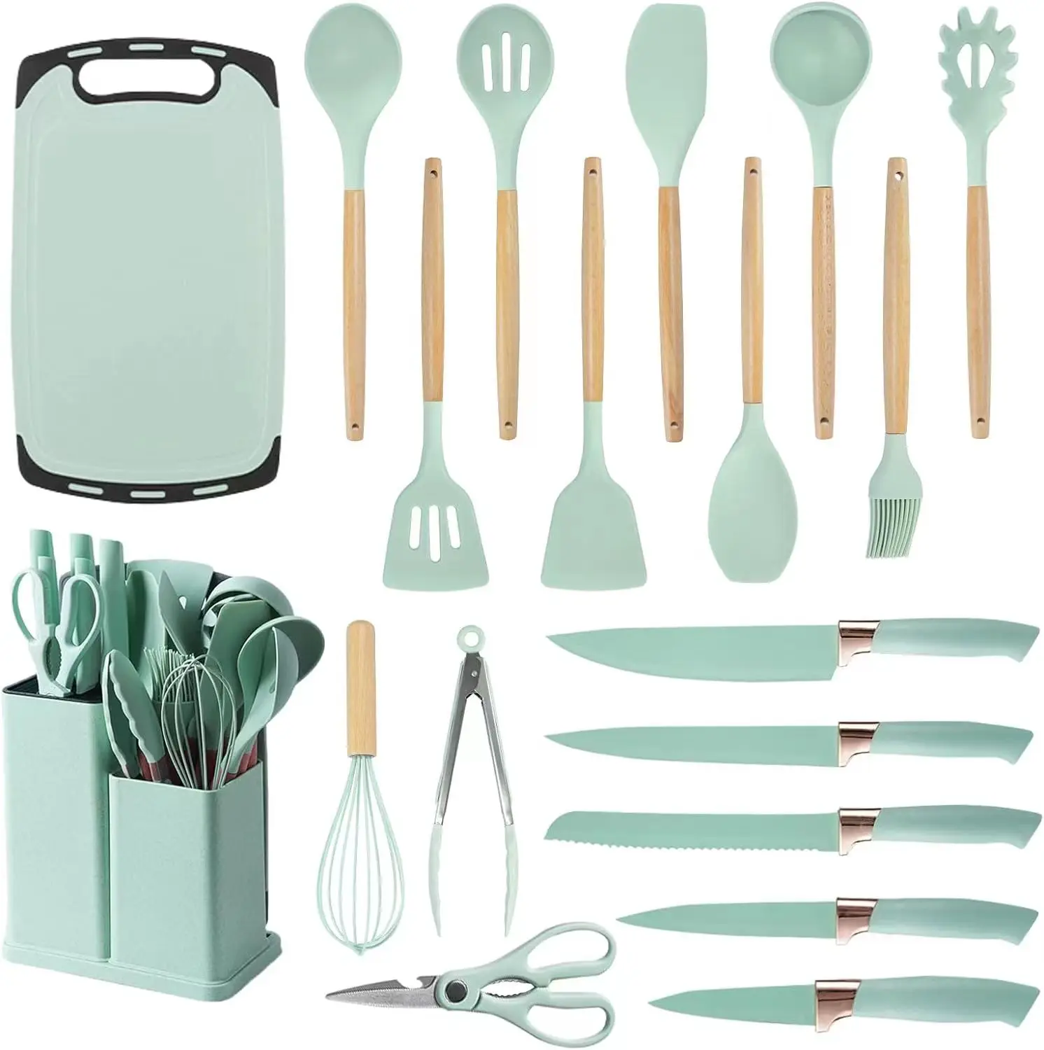 Best Selling 19-Piece Kitchen Gadget Tool Silicone Kitchen Utensil Set with Wooden Handle and Cuttings Board Storage Bucket