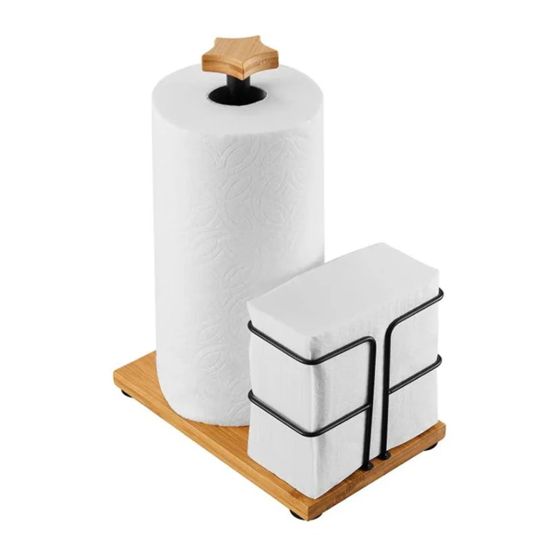 2-in-1 Paper Towel Holder Countertop Napkin Rack Kitchen Rolls Holder Stand with Wood Base