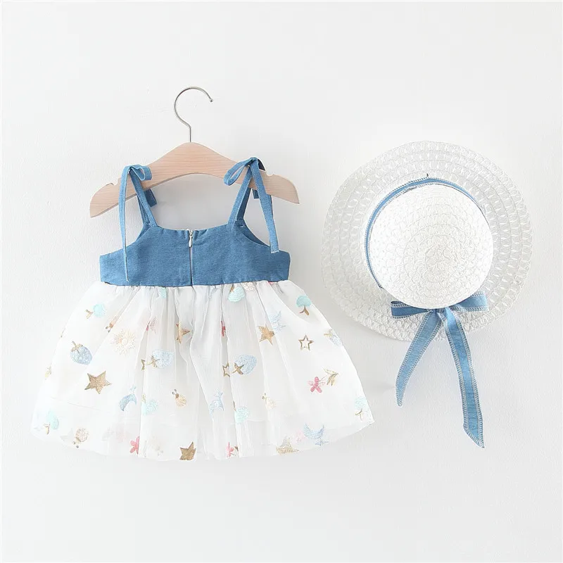 Beach embroidery bowknot kids frock designs indian baby girls princess slip dress + hat