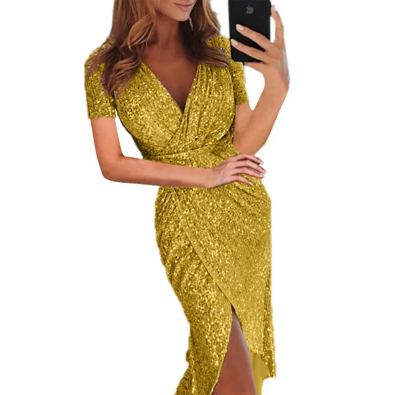 
Ladies Hot Stamping Long Sleeve V-neck Glittering Glitter Dress Dress Sexy Dinner Party Dress 