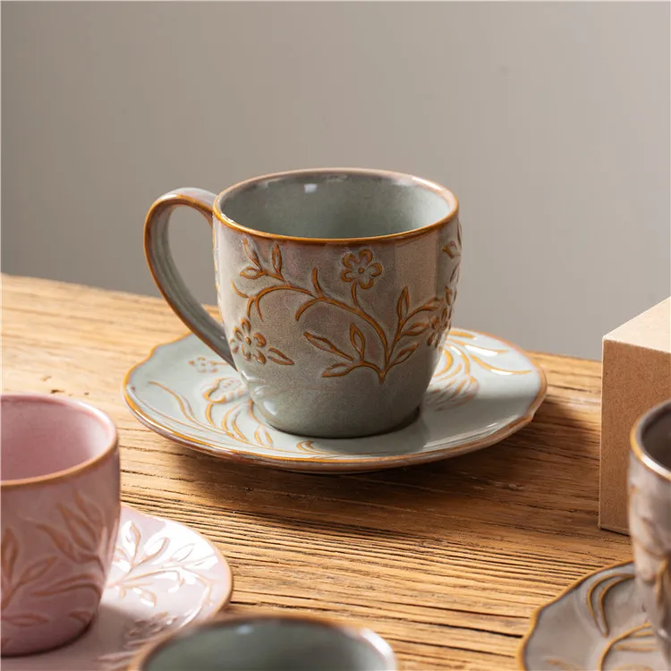 Chinese oriental luxury unique flower embossed vintage teapot ceramic cup saucer mug sets floral coffee and tea set