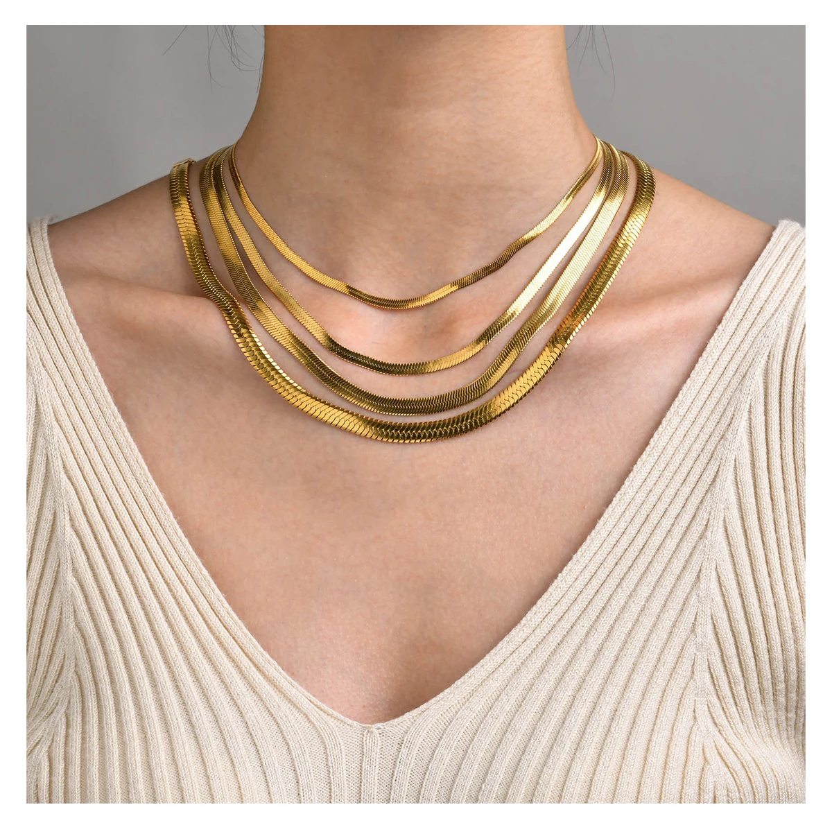 Snake Chain Necklace High End 18K PVD Gold Plated Herringbone Chain Necklace Snake Chain Stainless Steel Necklace