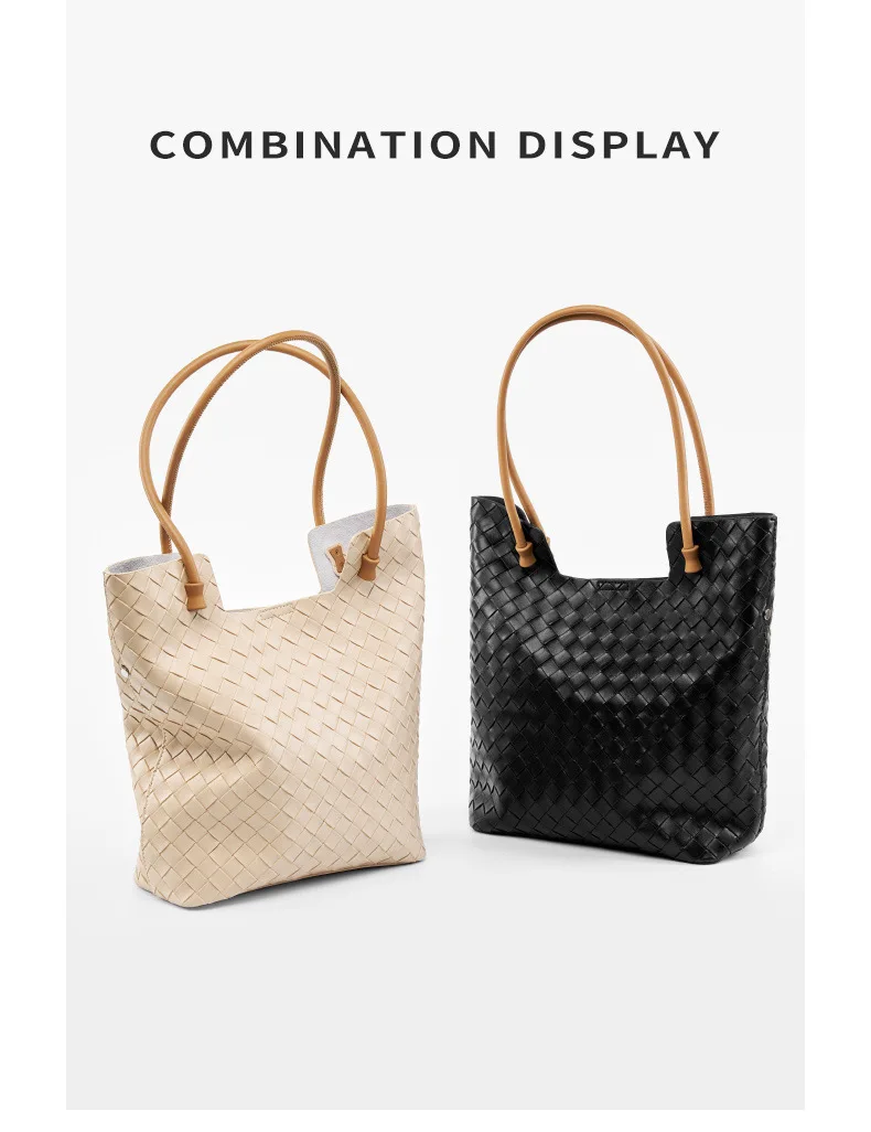 Fashion Casual Lady Cow Leather Hand Woven Shoulder Bag Commute Tote Bag
