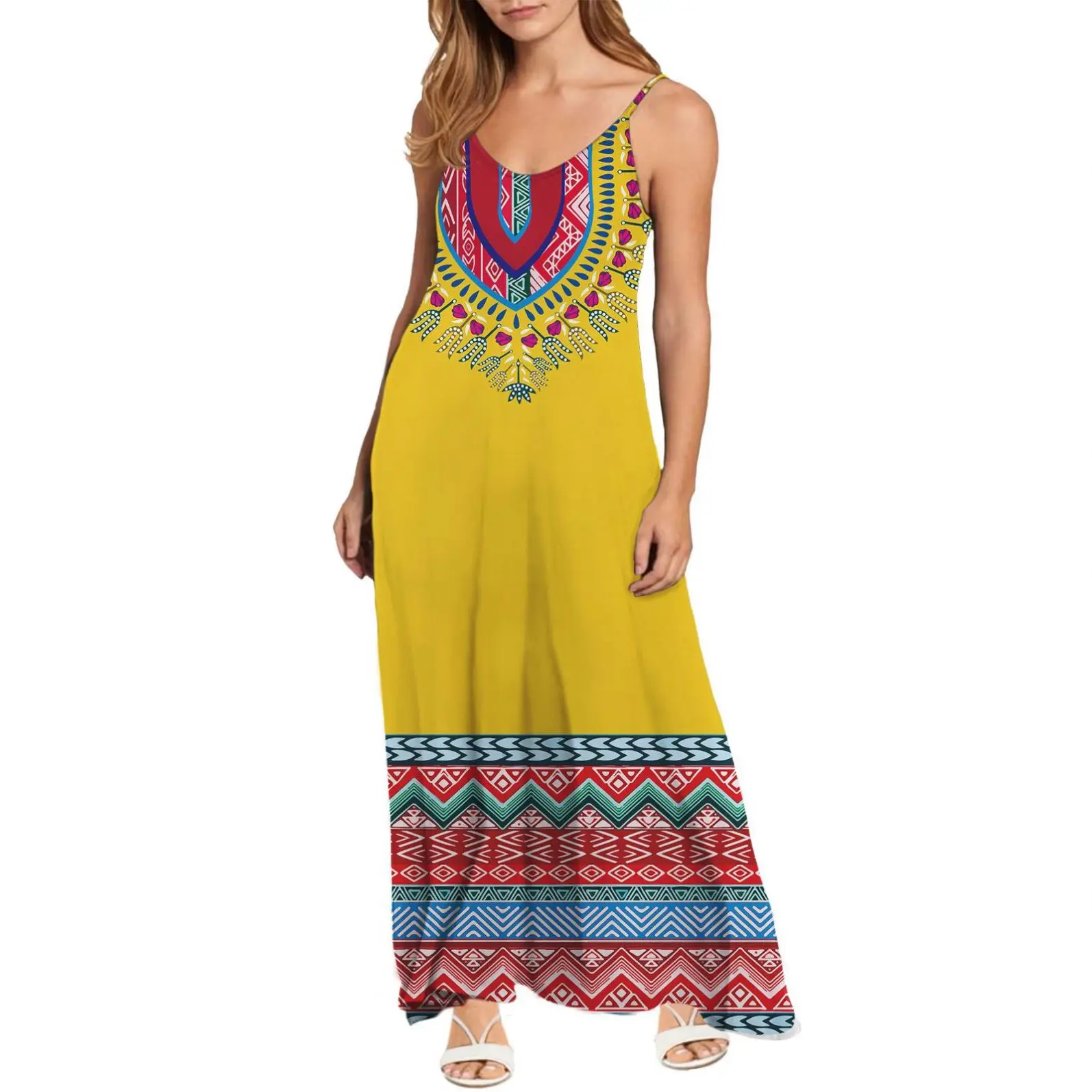 
African Print Kente Dashiki Style Long Dresses Women Maxi Casual V Neck Boho Adjustable Spaghetti Strap Ethnic Beach Long Dress 