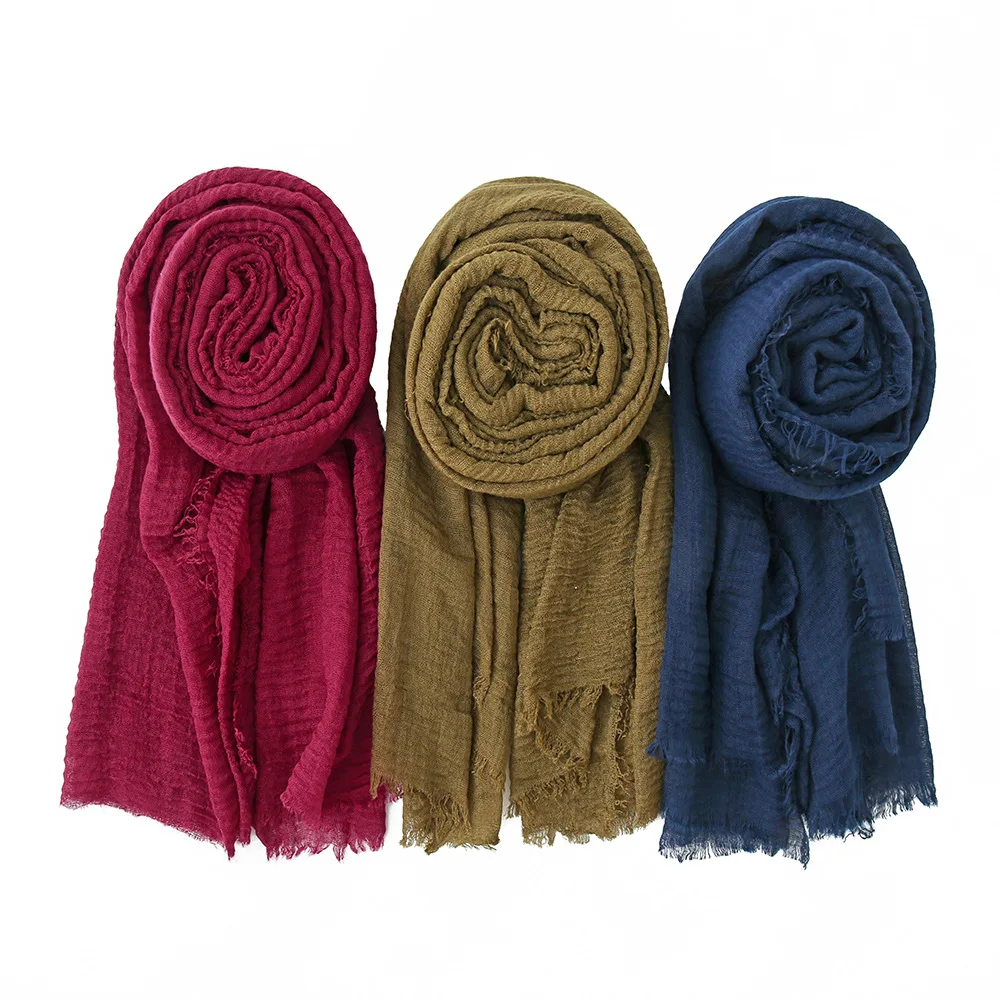 YOMO Wholesale Dubai Tudung Women Solid Scarf Cotton Linen Fringe Headscarf Rayon Pleated Shawl