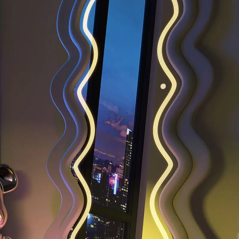 Modern Home Decor Luxury Floor Mirror Living Room Bedroom Wood Frame Wavy LED Mirror Wave Shape Floor Mirror