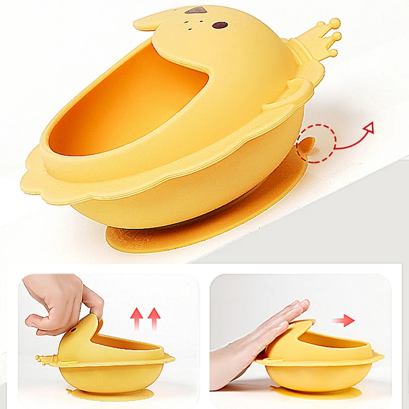 Baby plates silicone with spoon and fork BPA FREE wooden spoon food grade silicone non-slip bowl silicone suction plate with lid