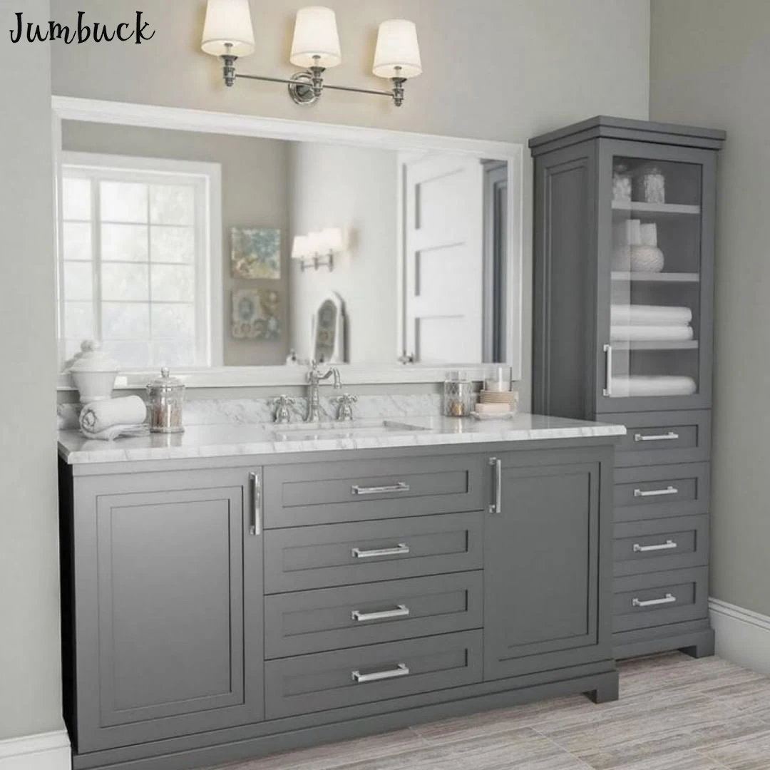 
Luxury grey elegent bathroom vanity with sink with one tall storage cabinet 