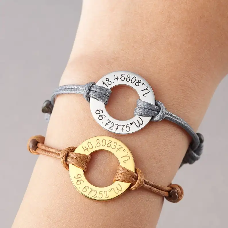 Stainless Steel Personalized Longitude Latitude Bracelet Engraved Washer Charm Circle Boyfriend Couple Matching Bracelet Set