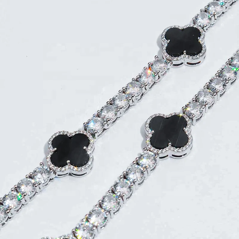Hip Hop Fine Jewelry Passd Diamond Tester 925 Silver 3MM 4MM 5MM Moissanite Black Agate Clover Tennis Chain For Men Women