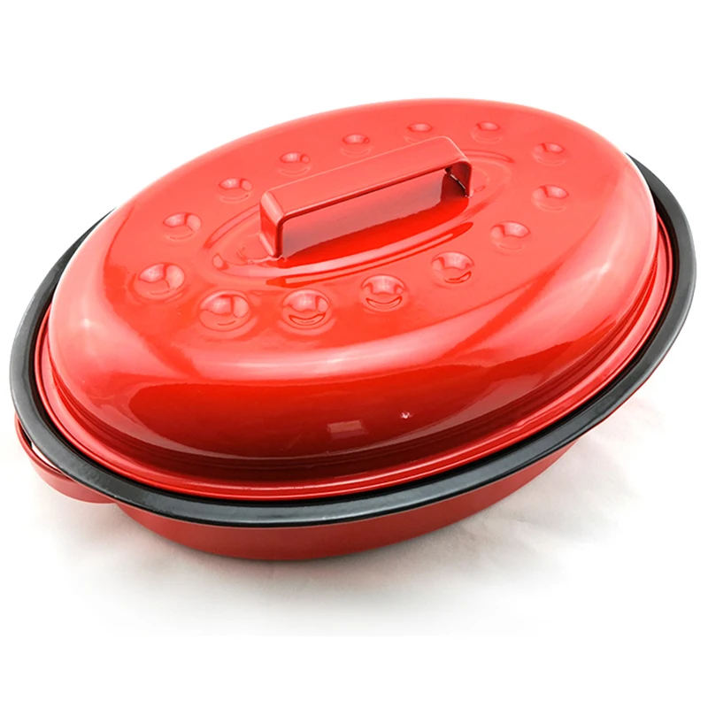 OEM  34cm 41cm 42cm 44cm outdoor camping cookware red Enamelware Chicken Fish Turkey enamel steel Oval roaster pot with lid