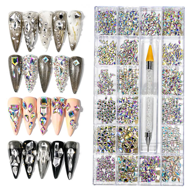 
Crystal AB Flatback HotFix Nail Art Rhinestones Mixed Sizes Flat Shiny 3D Glass Decorations Wax Pen Set Tool 