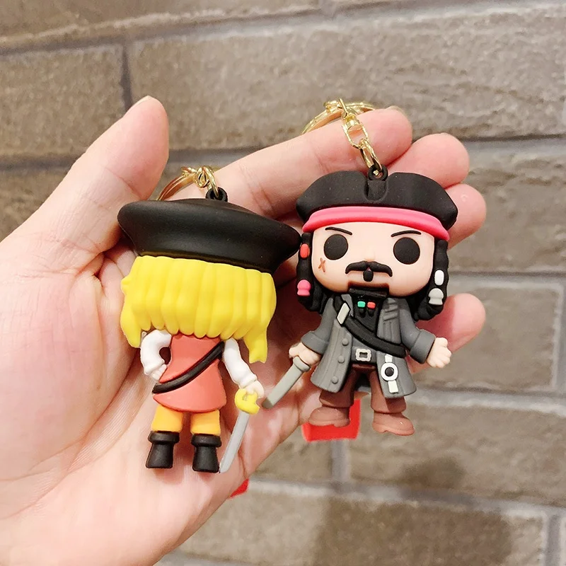 3D Cartoon Pirates Keychain Cute Style Jack Sparrow Big Head Silicone Metal Keyring Purse Wallet Wristlet Car Key Ring