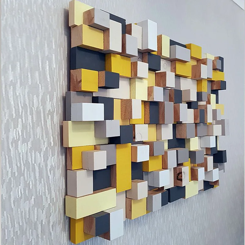 Home Decor Wooden Framed Large Mixed Media Artwork Wood Block Abstract Painting Handmade 3D Wall Abstract Art