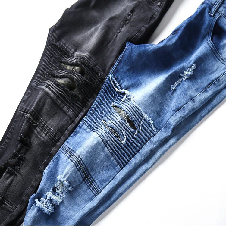Pant Men high Street Jeans Holes Hip Hop blue/black Trousers Male Elasticity Punk Rock Pants 2020 new arrival biker jeans slim