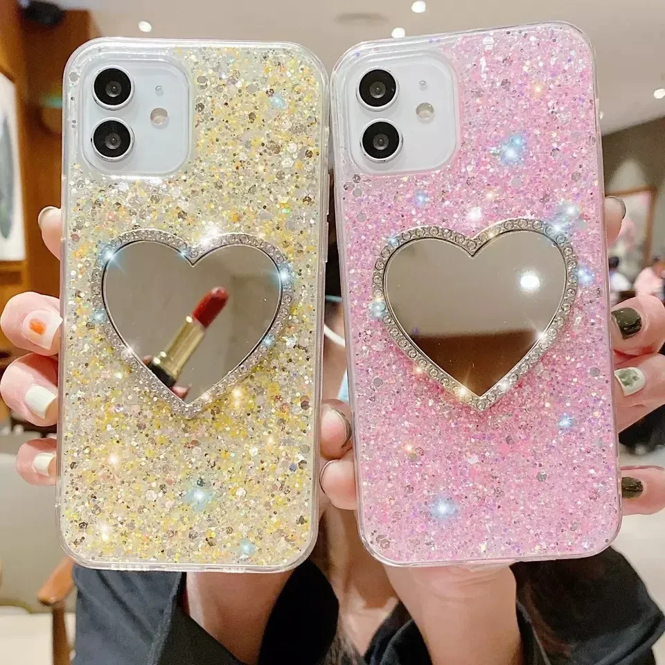 OEM Luxury Heart Makeup Mirror Bling Glitter Diamond Cell Phone Cases Cover For iPhone 14 13 12 11 Pro Max Samsung A12 32 S21 Fe