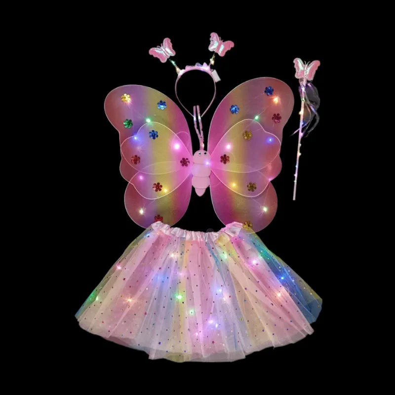 Mardi Gras Carnival Cosplay Costume Performance Clothes Hair Band Fairy Stick Tutu Skirt Dress Bee Wings 4-Piece Set