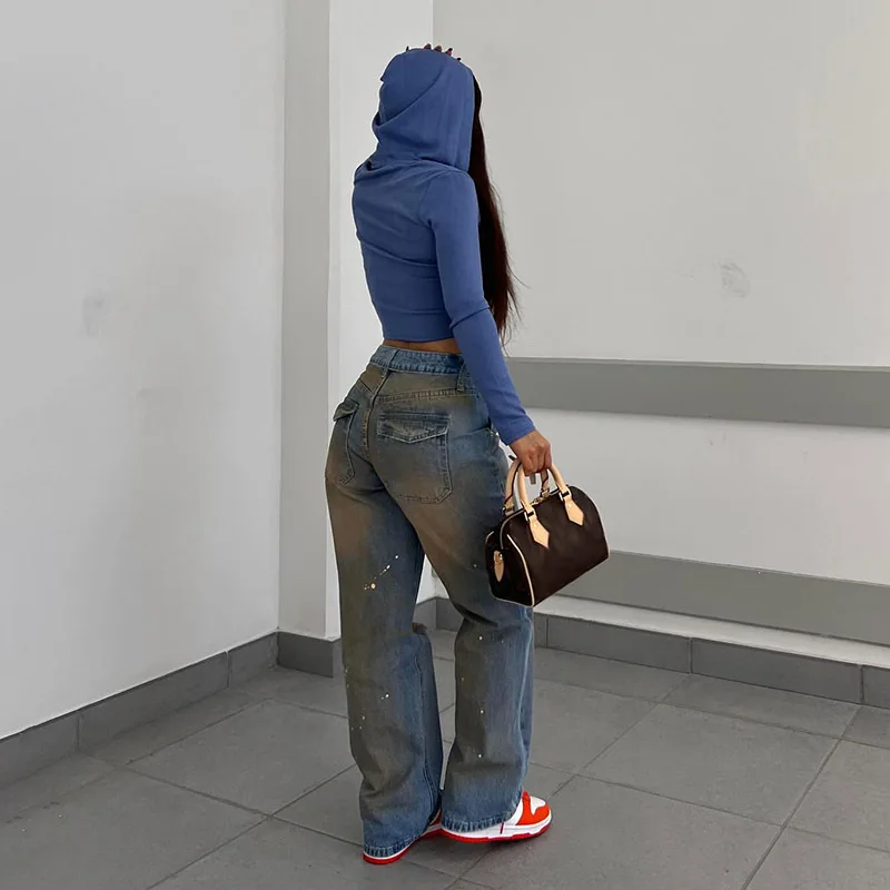 2024 DG Clothing Street Ripped High Waist Distressed Jeans Women Cotton Splash Ink Straight Denim Jeans