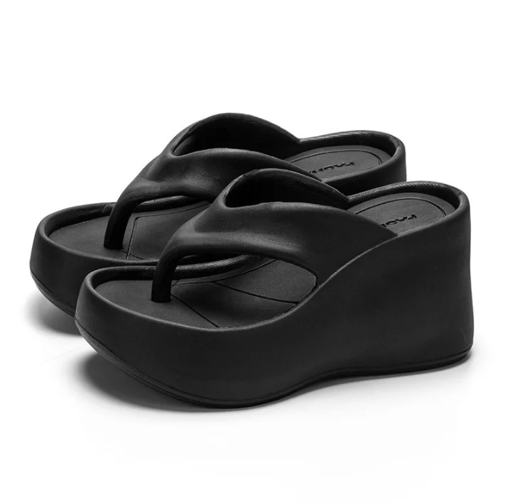 Summer outdoor beach EVA thick sole black  white wedge flip flops slippers for women and ladies