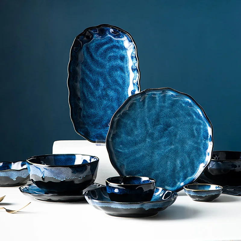 Custom Kiln Changed Navy Blue Reactive Glaze Fog Green Ceramic Plate Food Bowls Cutlery Set Tableware Sets Porcelain Dinner Sets
