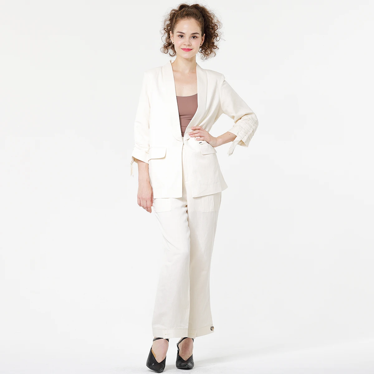 
wide leg shorts elegant two-piece suit turn down collar fit casual linen office blazer women 