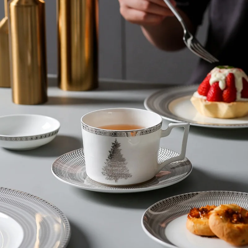 European-style light luxury simple household table setting bone china tableware rice bowl soup spoon dessert rack coffee set